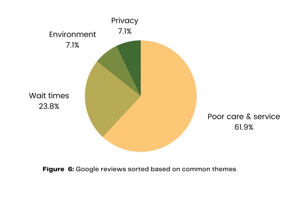 Pie chart showing google reviews sorted based on common themes. Privacy 7.1%, Environment 7.1%, Wait times 23.8%, Poor care & service 61.9%