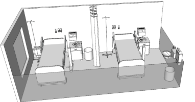 3D SketchUp model of a multi-patient room configuration including two beds, side tables, curtain room divider and window.